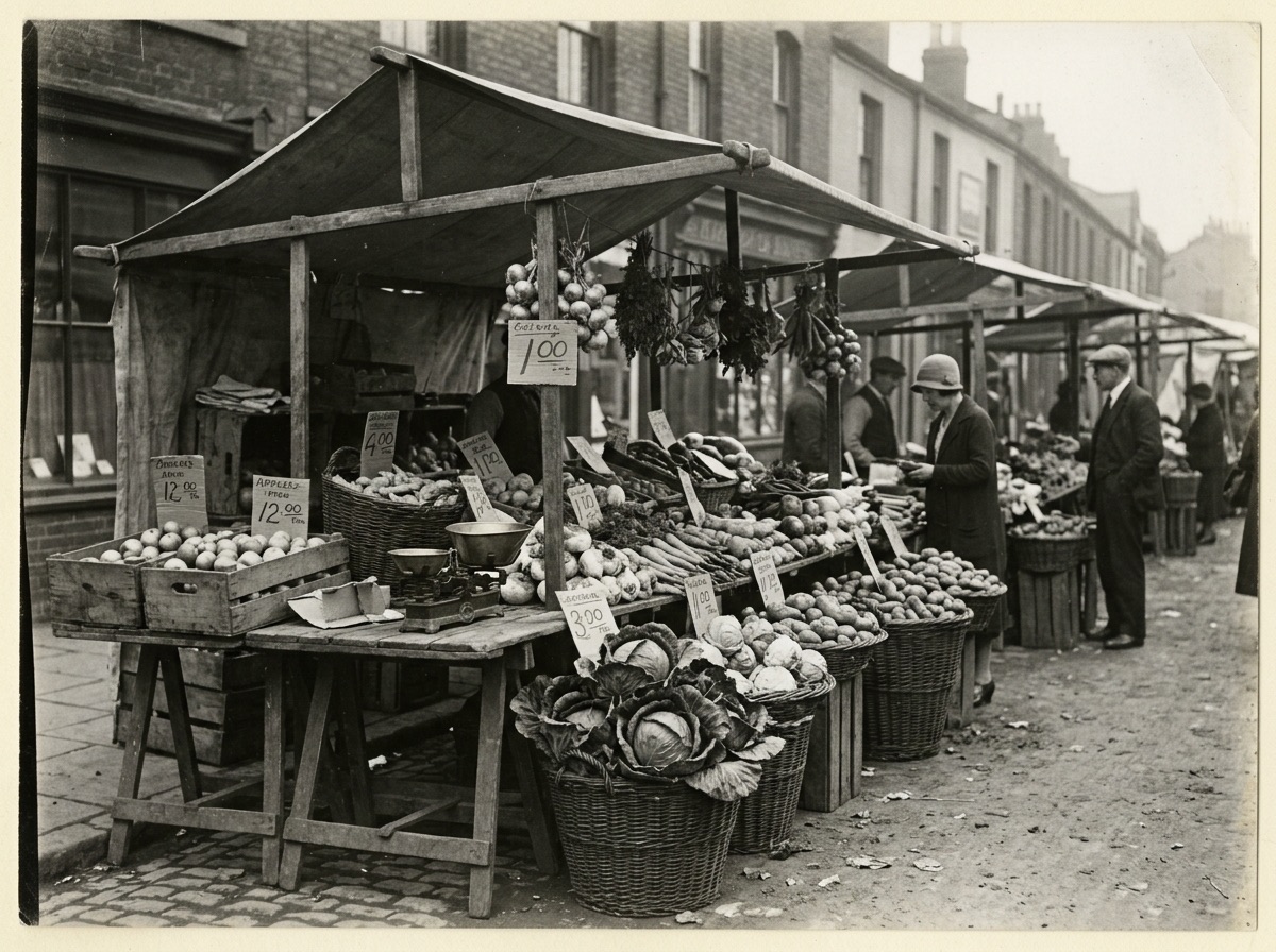 A 1920s open-air fruit and vegetable market